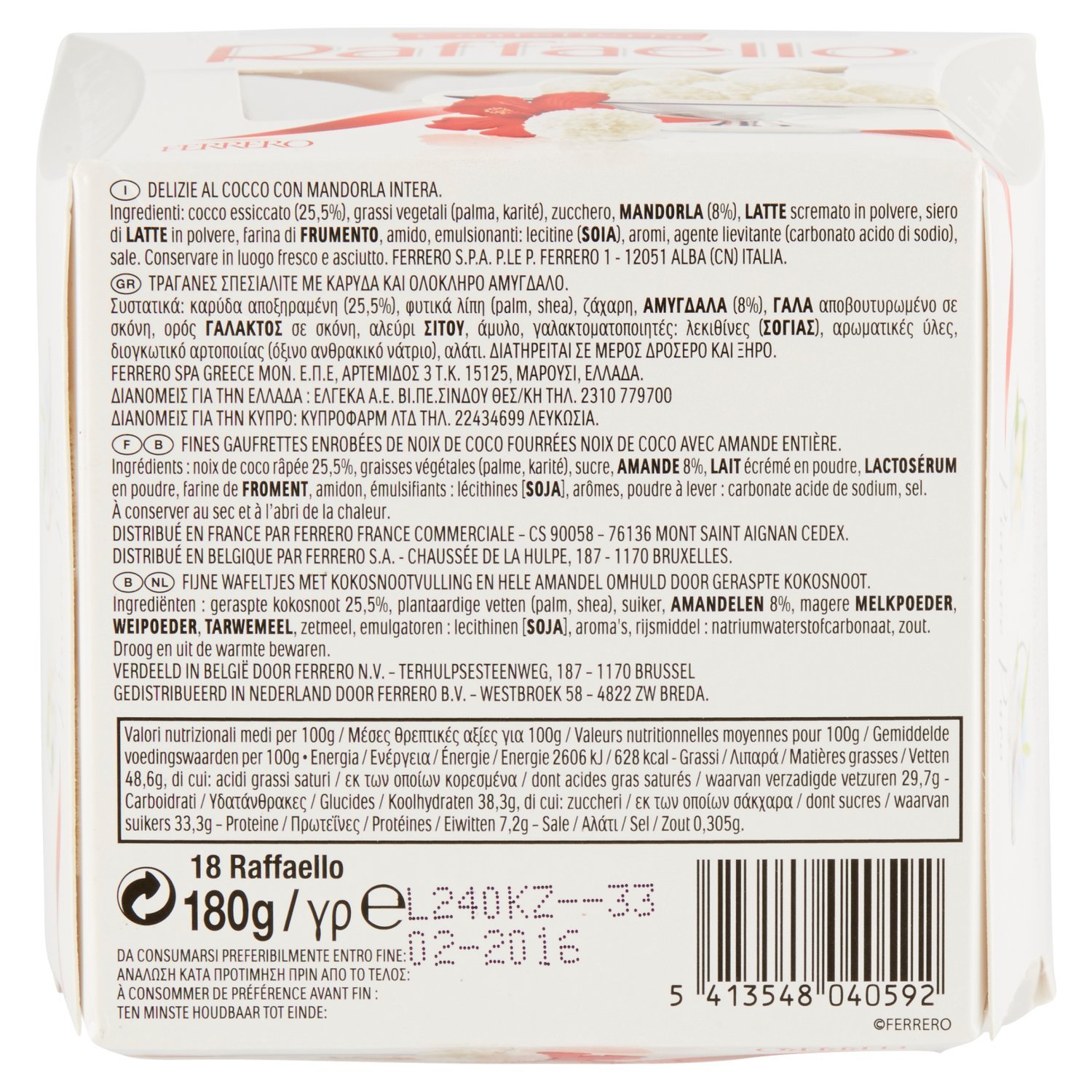 Ferrero Raffaello Praline Cocco 18 Pezzi 180g Mandorla