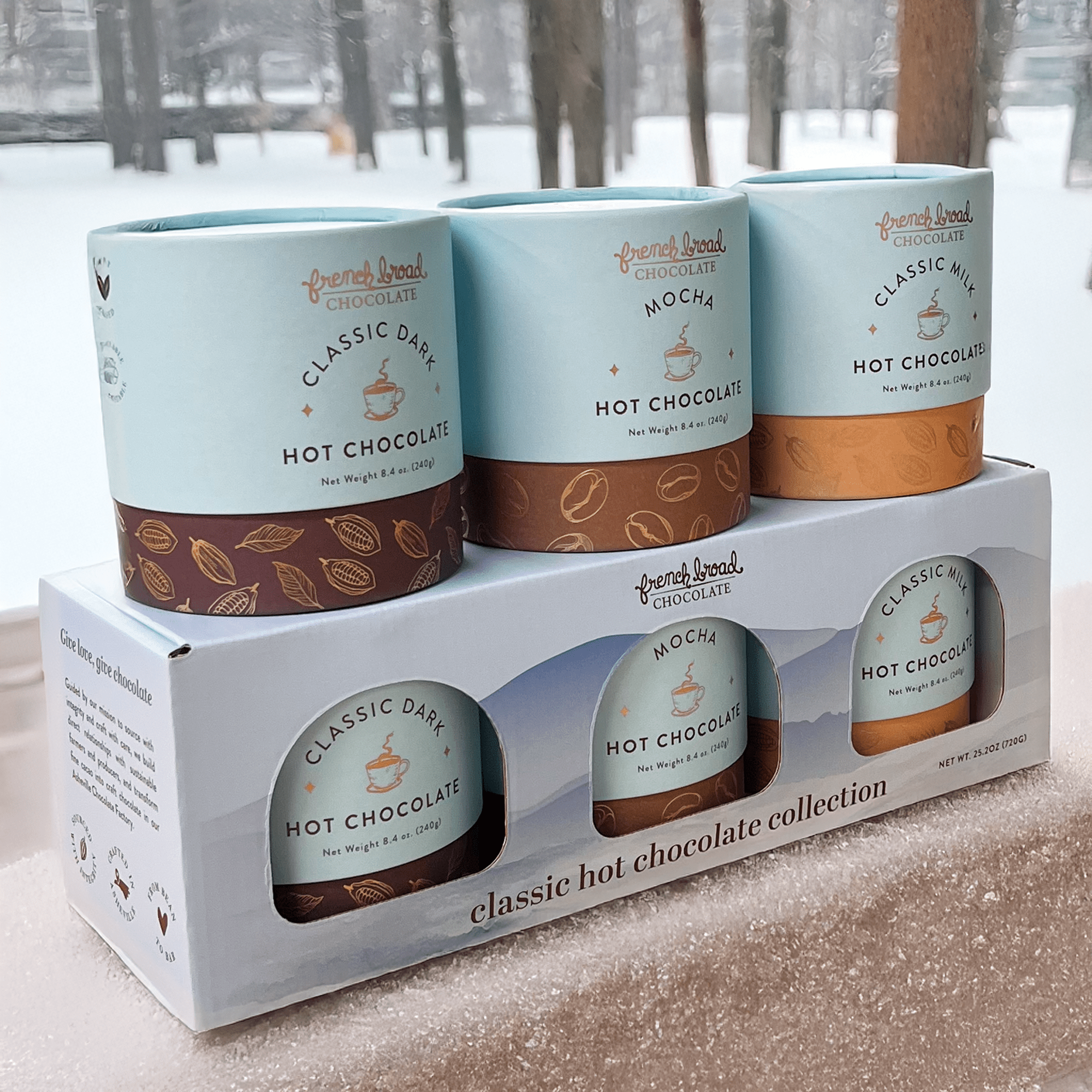 French Broad Hot Chocolate Classic cioccolata calda 720g 3 gusti