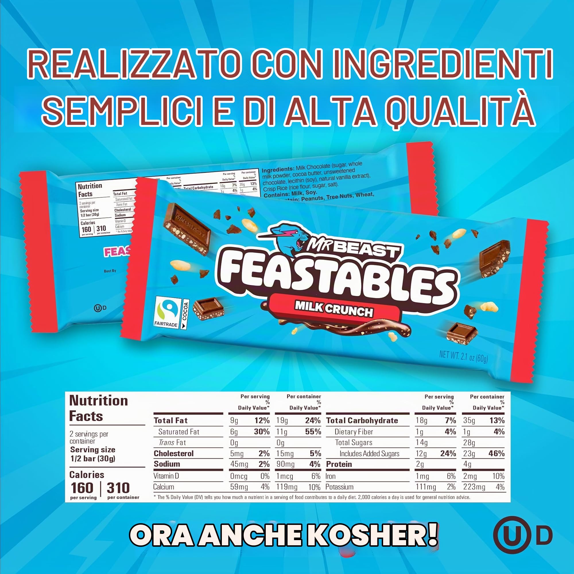 Feastables Chocolate Bars barrette latte crunch riso 10x60g